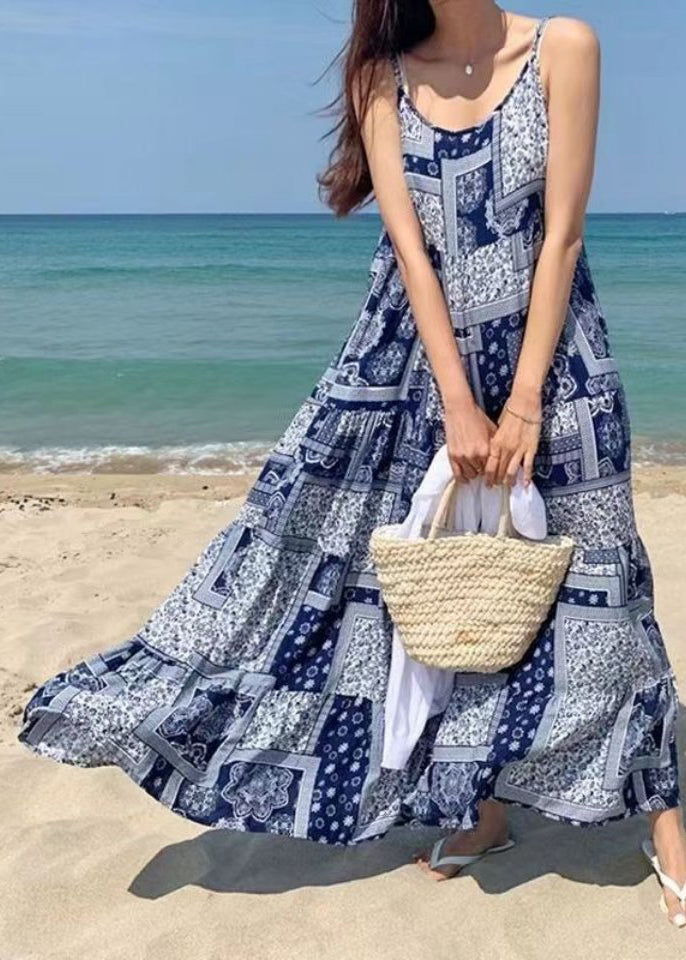 Sleeveless O-neck Printed Maxi Tank Dress Blue