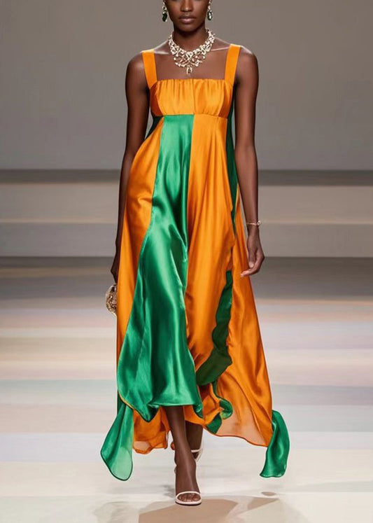 Yellow Asymmetrical Patchwork Silk Cami Dresses Summer