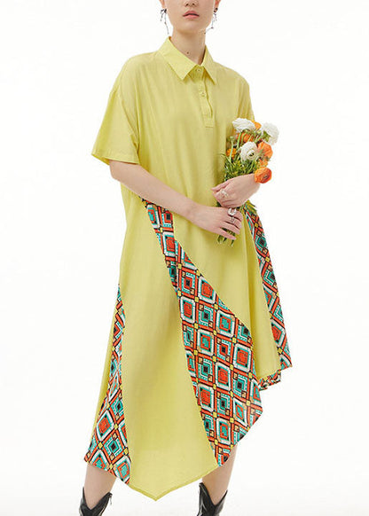 Yellow Asymmetrical Print Patchwork Chiffon Shirts Dresses Summer