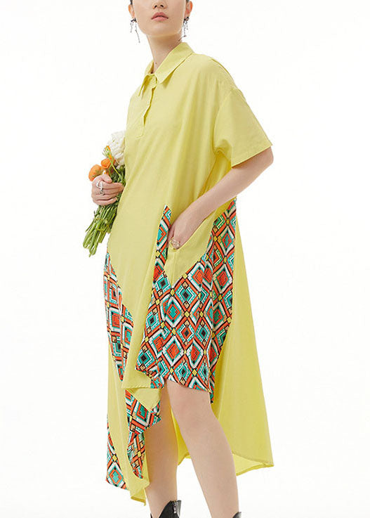 Yellow Asymmetrical Print Patchwork Chiffon Shirts Dresses Summer