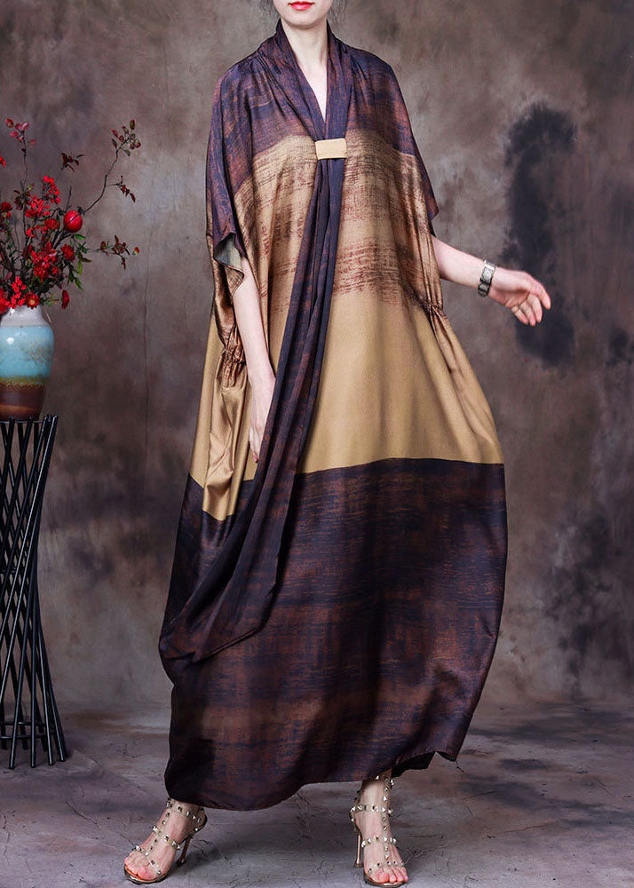 Yellow Chocolate Bow Collar Print Silk Dress Batwing Sleeve