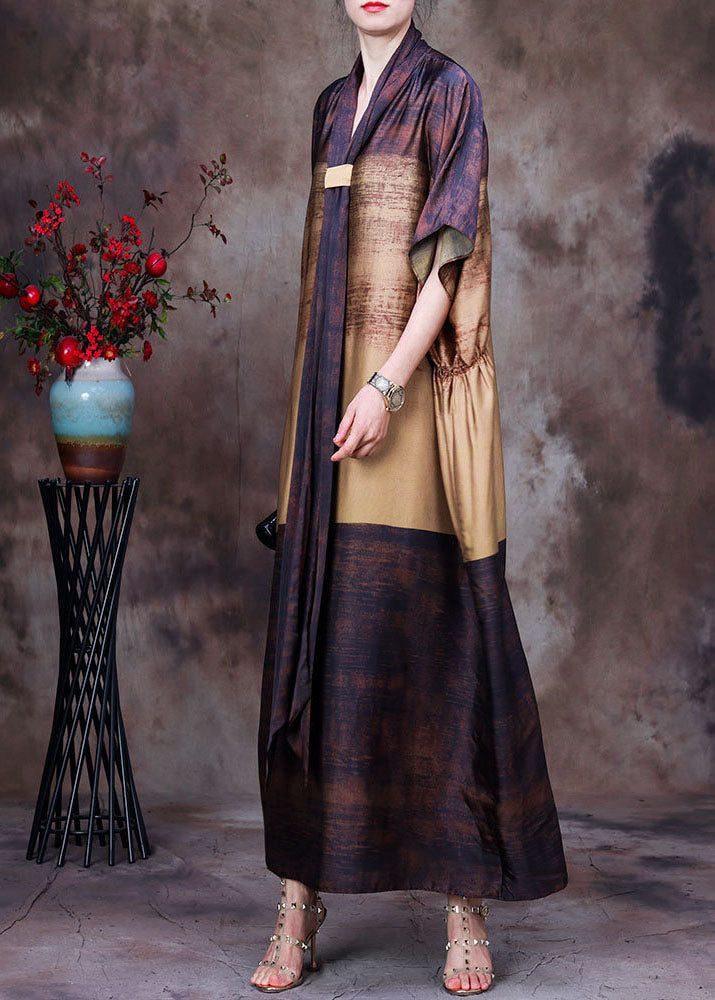 Yellow Chocolate Bow Collar Print Silk Dress Batwing Sleeve