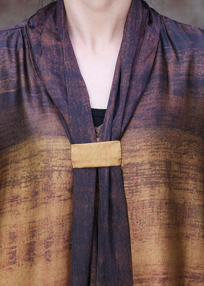Yellow Chocolate Bow Collar Print Silk Dress Batwing Sleeve