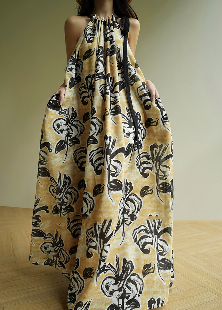 Yellow Cold Shoulder Print Wrinkled Long Spaghetti Strap Dresses Sleeveless