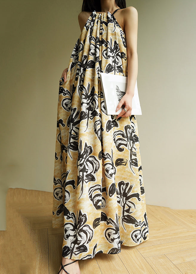 Yellow Cold Shoulder Print Wrinkled Long Spaghetti Strap Dresses Sleeveless
