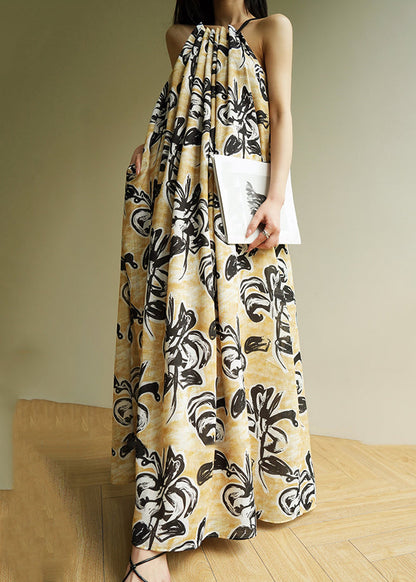 Yellow Cold Shoulder Print Wrinkled Long Spaghetti Strap Dresses Sleeveless