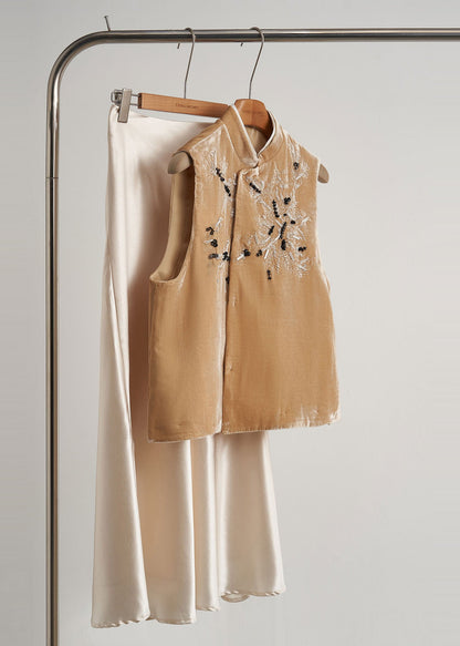 Yellow Embroidered Nail Bead Silk Velour Vests Spring