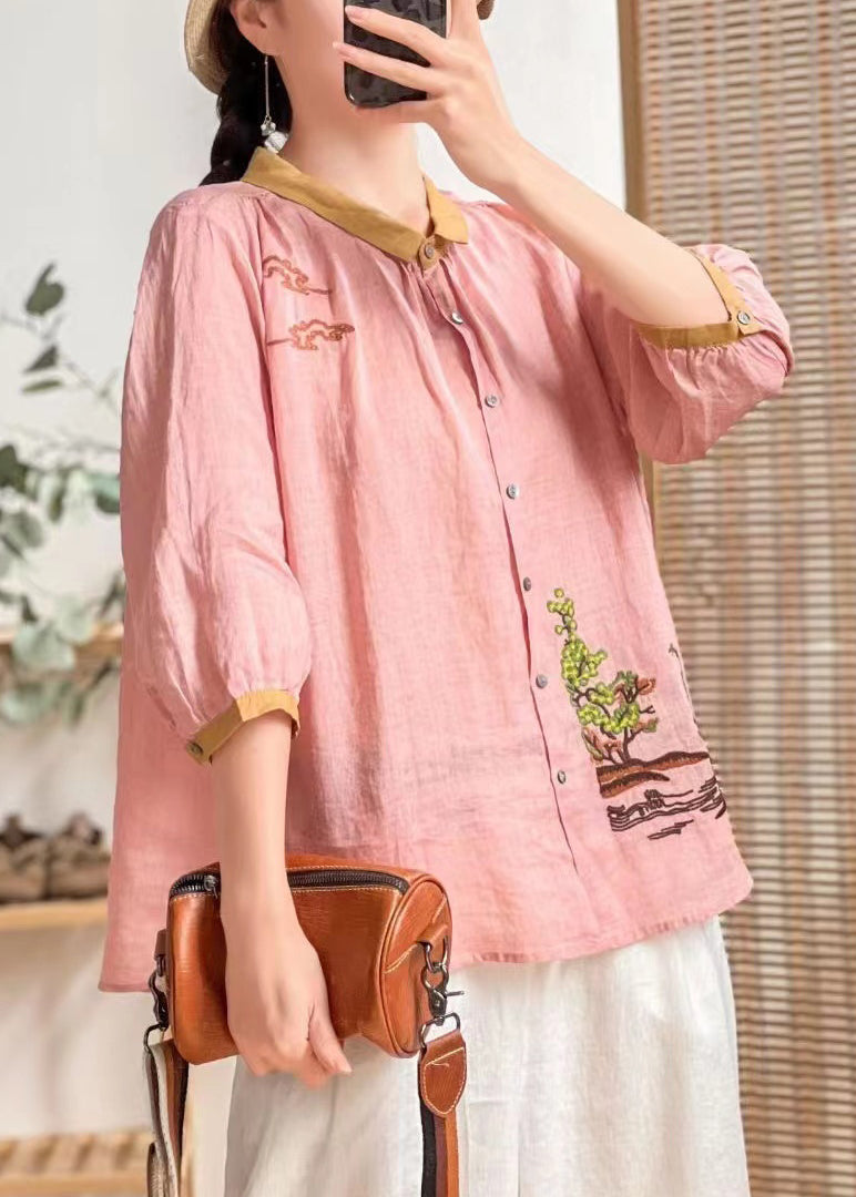 Yellow Embroideried Patchwork Linen Shirt Tops Summer
