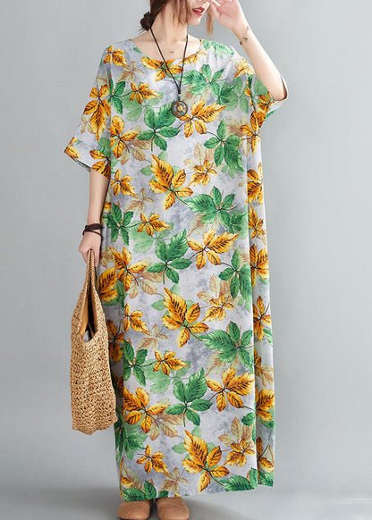 Yellow Green O-neck Leaf Print Cotton Long Dress Short Sleeve