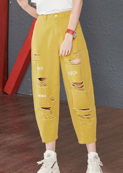 Yellow High Waist Hole Cotton Harem Pants Summer