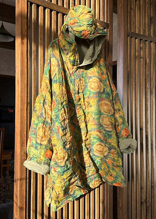 Yellow Hooded Print Linen Top Long Sleeve