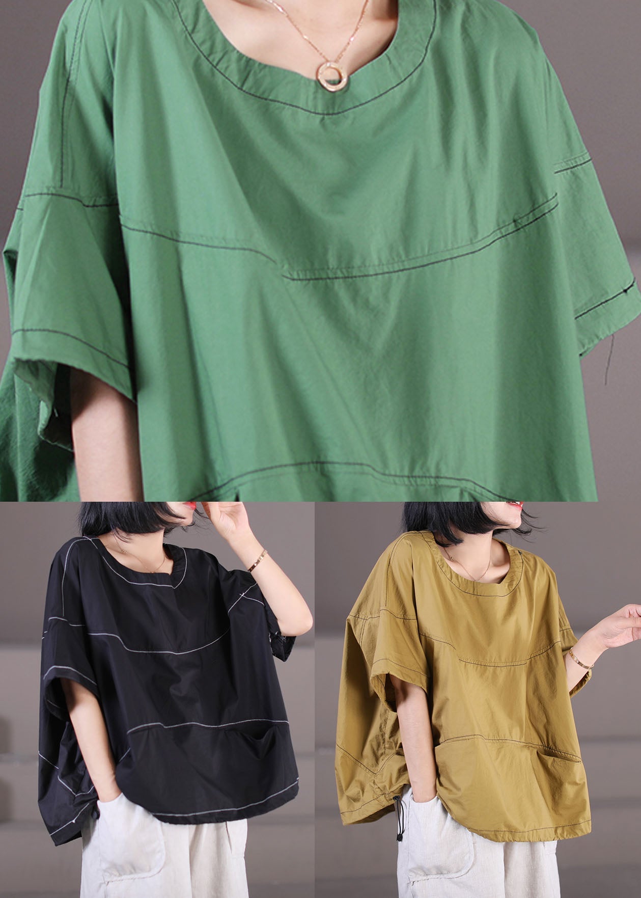 Yellow O-neck Pockets Line Cotton Top Short Sleeve