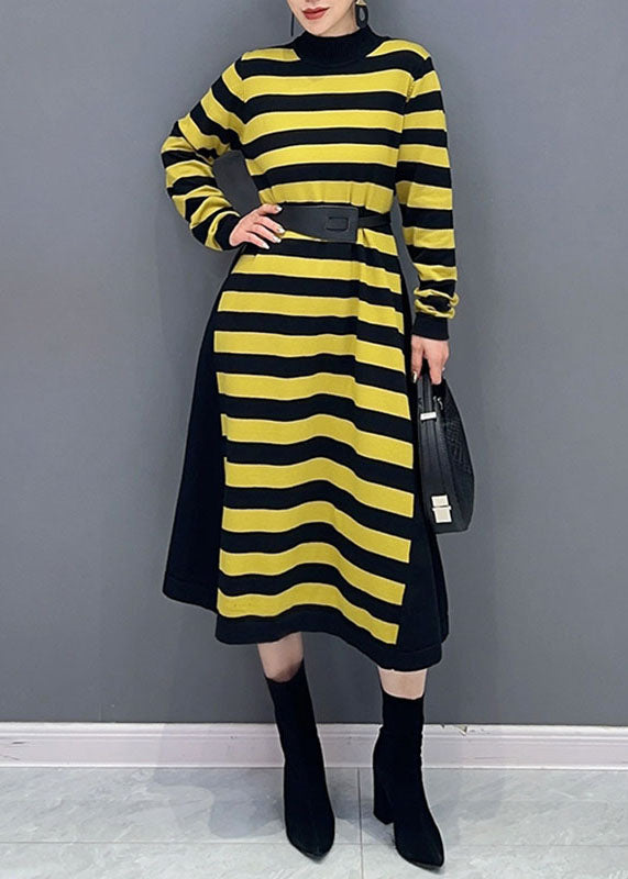 Yellow O-neck Striped Patchwork Party Maxi Dress Long Sleeve