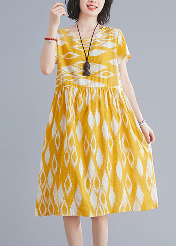 Yellow O-neck Wrinkled Print Cotton Beach Dresses Short Sleeve