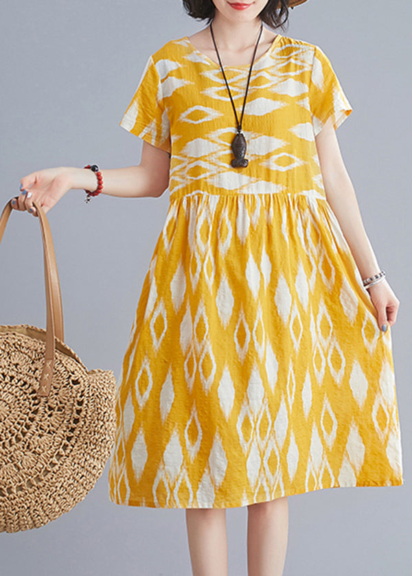 Yellow O-neck Wrinkled Print Cotton Beach Dresses Short Sleeve