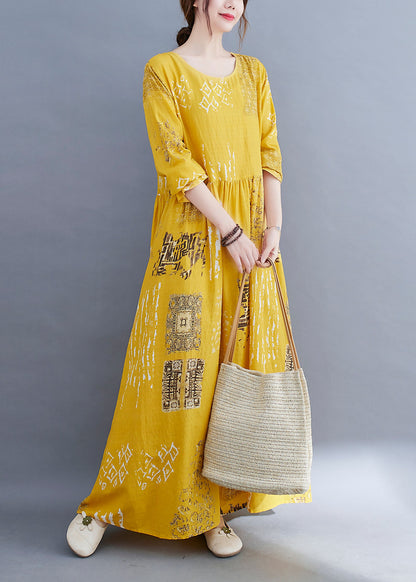 Yellow O-neck Wrinkled Print Cotton Loose Dress Long Sleeve
