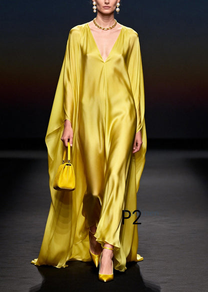 Yellow Oversized Chiffon Vacation Dresses Batwing Sleeve