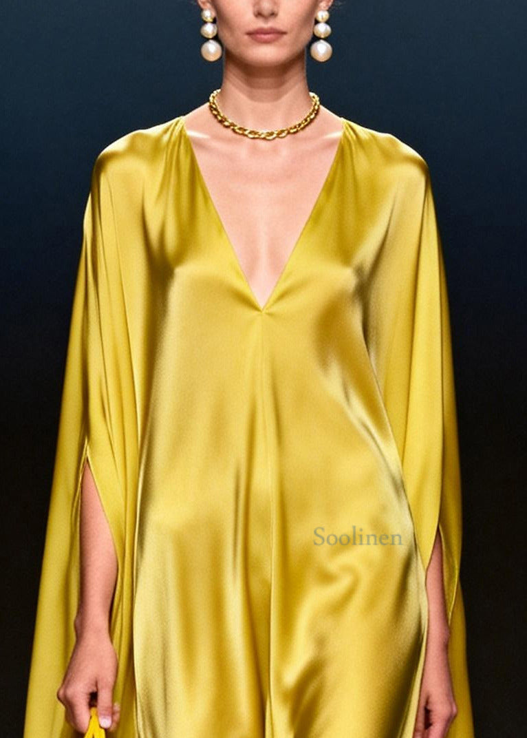 Yellow Oversized Chiffon Vacation Dresses Batwing Sleeve