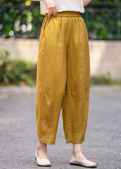 Yellow Oversized Pockets Linen Crop Pants Summer