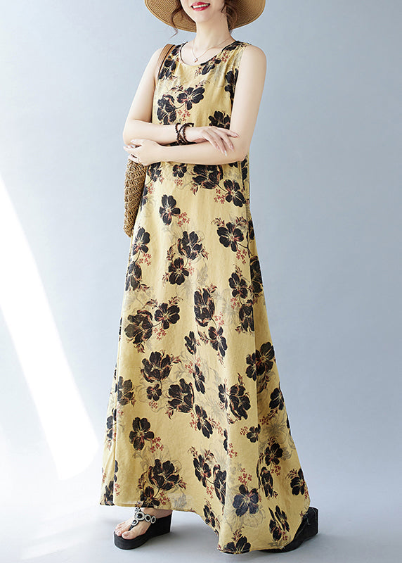 Yellow Oversized Print Cotton Dresses Sleeveless