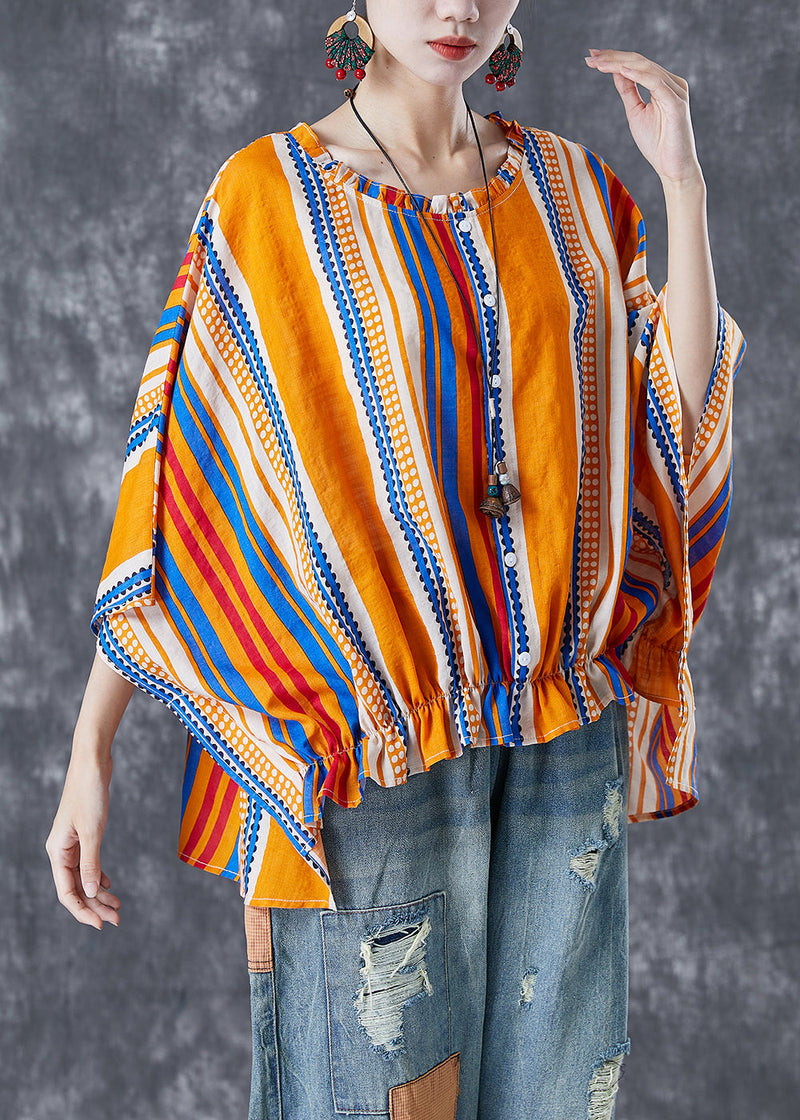 Yellow Oversized Striped Wrinkled Cotton Shirt Batwing Sleeve
