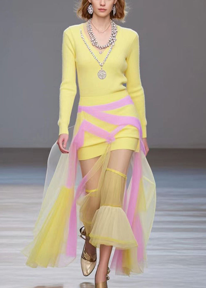 Yellow Patchwork Tulle Long Knit Dress Fall