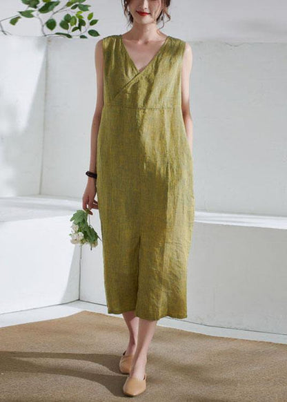 Yellow Pockets Patchwork Summer Linen Long Dress Sleeveless