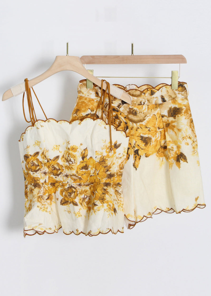 Yellow Print Spaghetti Strap Tank and Shorts Cotton Two Pieces Set Sleeveless