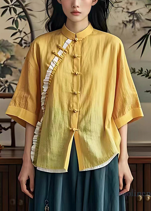Yellow Ruffled Chinese Button Linen Shirt Summer