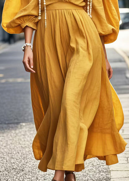 Yellow Ruffled Cotton Dresses Puff Sleeve