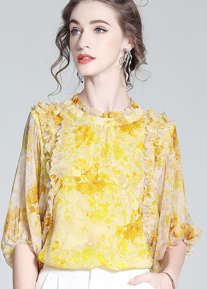 Yellow Ruffled Print Silk Blouse Tops Bracelet Sleeve