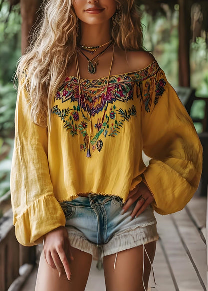 Bohemian Yellow Slash Neck Print Cotton T Shirts Spring