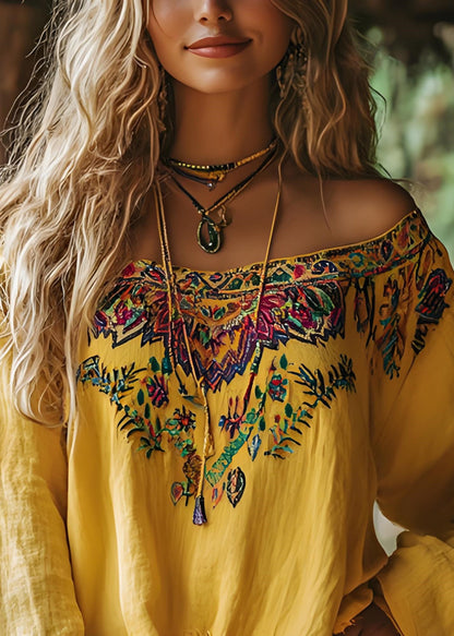 Bohemian Yellow Slash Neck Print Cotton T Shirts Spring