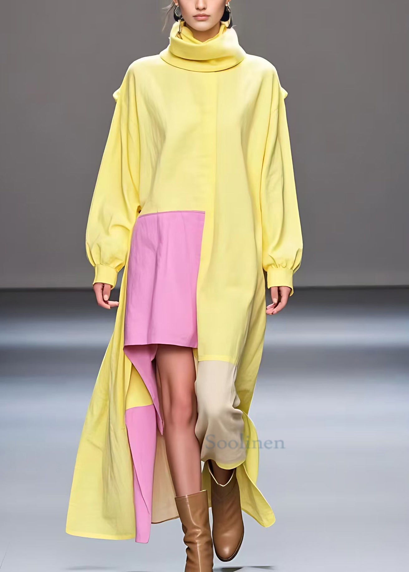 Yellow Turtleneck Low High Design Cotton Dresses Fall