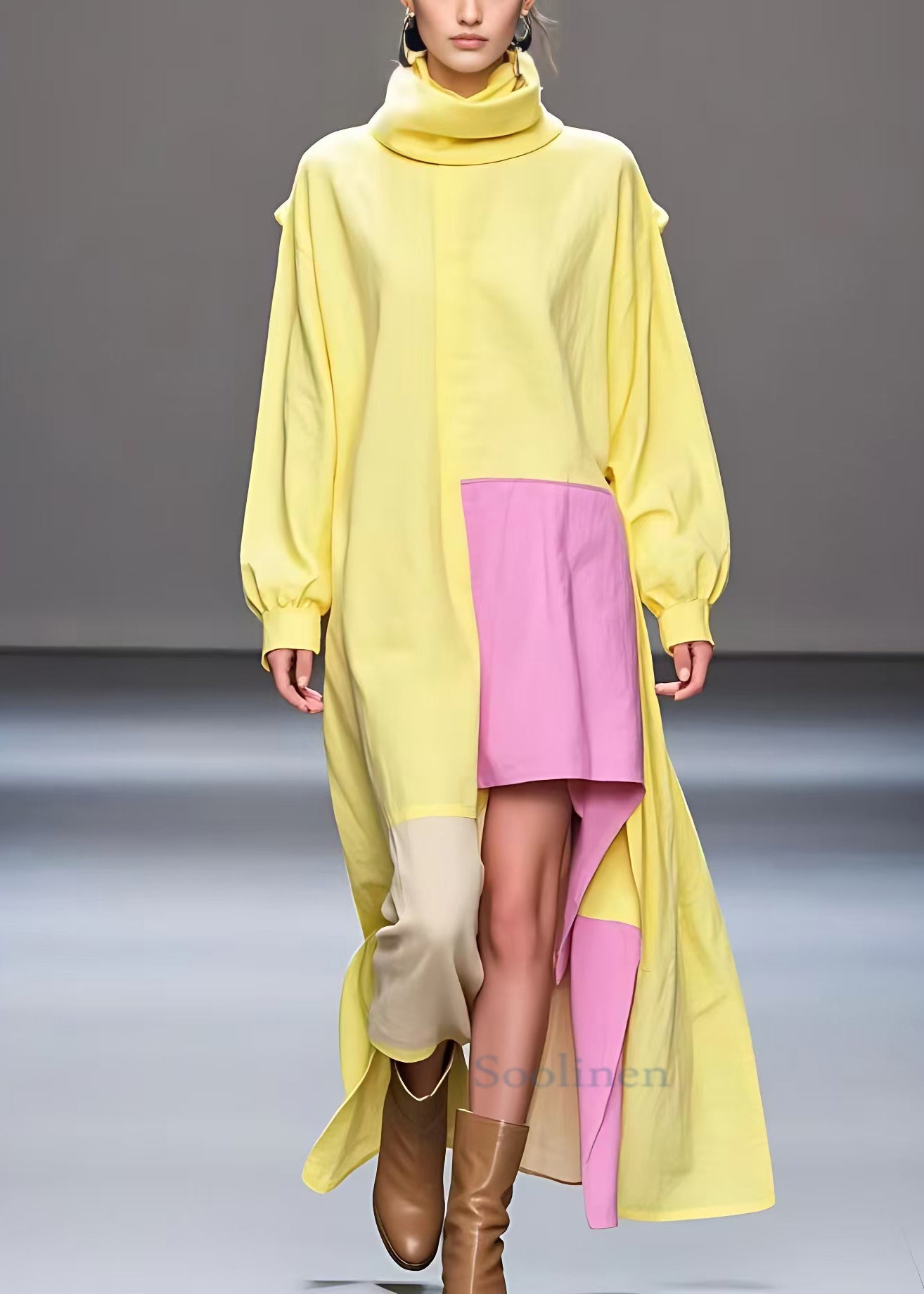 Yellow Turtleneck Low High Design Cotton Dresses Fall