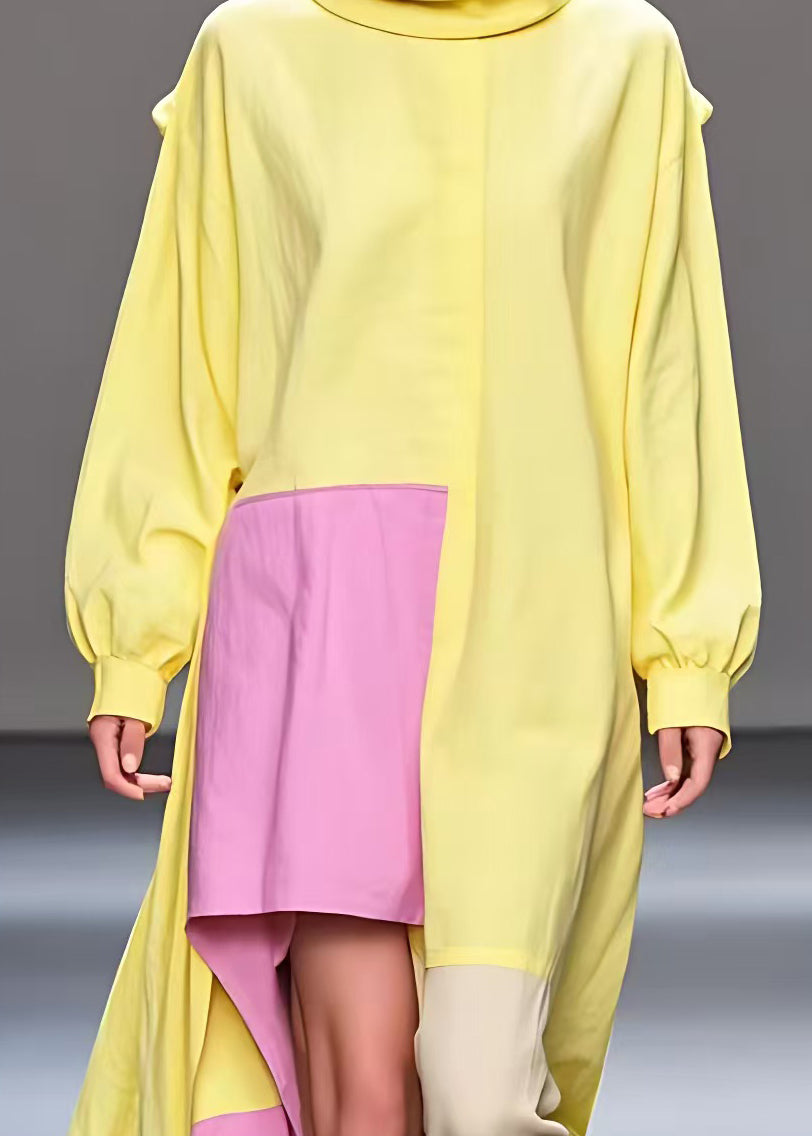 Yellow Turtleneck Low High Design Cotton Dresses Fall