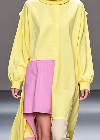 Yellow Turtleneck Low High Design Cotton Dresses Fall