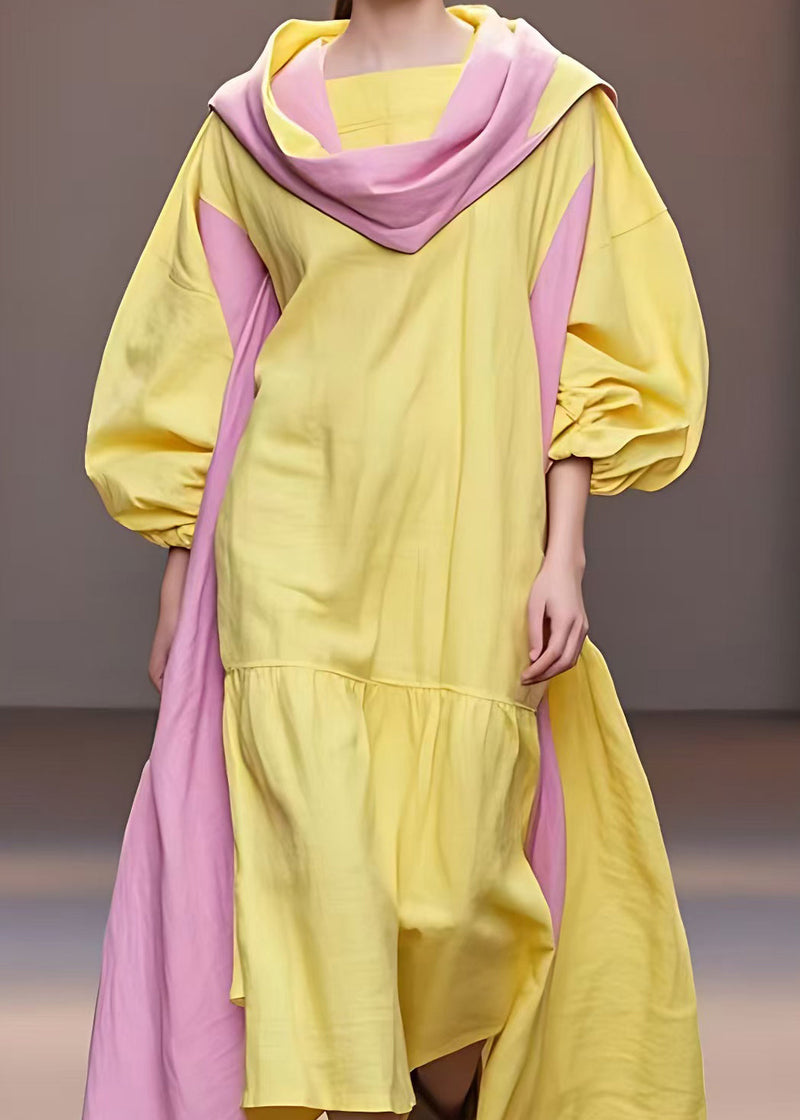 Yellow Turtleneck Patchwork Cotton Long Dresses Fall