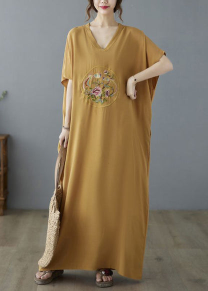 Yellow V Neck Embroideried Cotton Long Dresses Summer