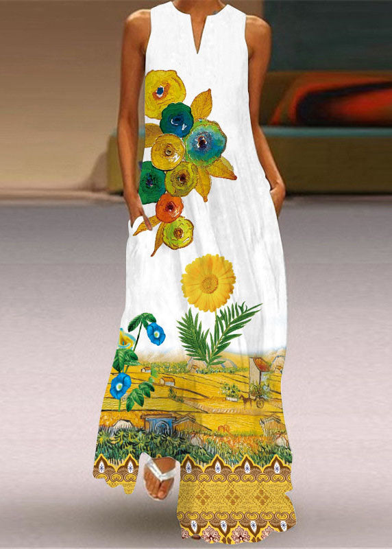 Yellow V Neck Print Chiffon Maxi Dress Sleeveless