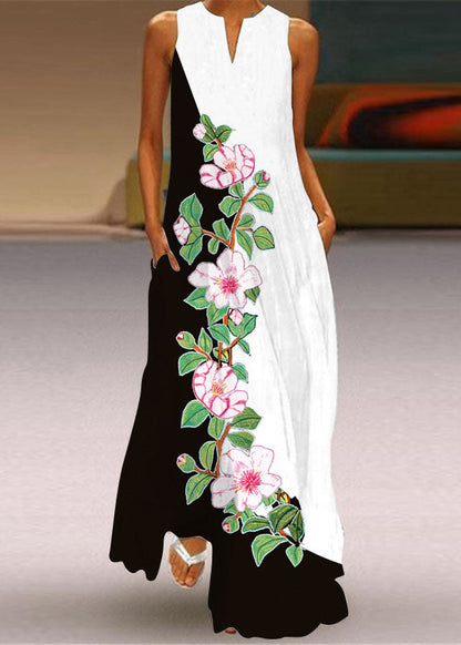Yellow V Neck Print Chiffon Maxi Dress Sleeveless