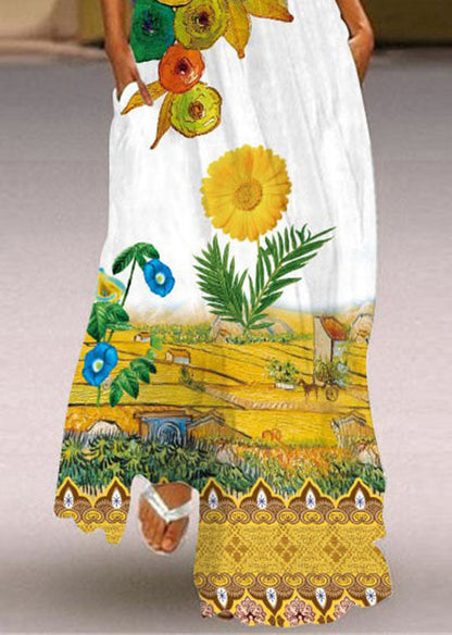 Yellow V Neck Print Chiffon Maxi Dress Sleeveless