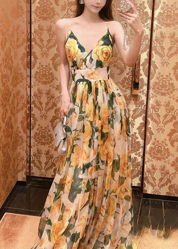 Yellow V Neck Print Chiffon Spaghetti Strap Dress Sleeveless