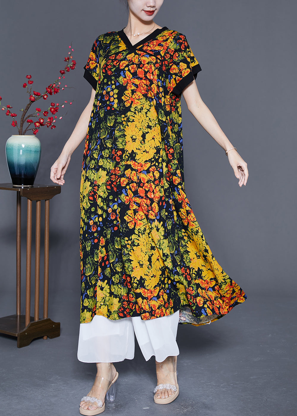 Yellow V Neck Print Cotton Dress Summer