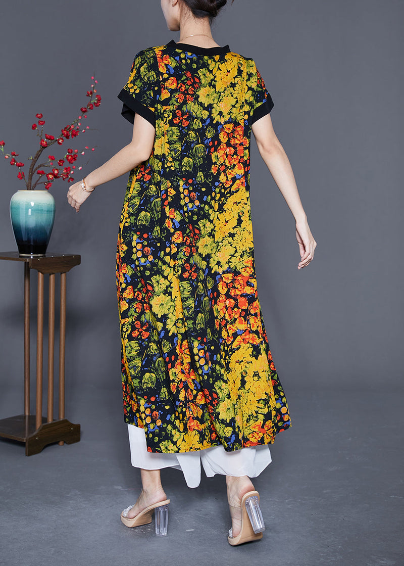 Yellow V Neck Print Cotton Dress Summer