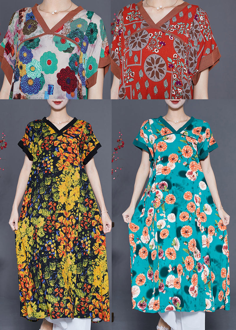 Yellow V Neck Print Cotton Dress Summer