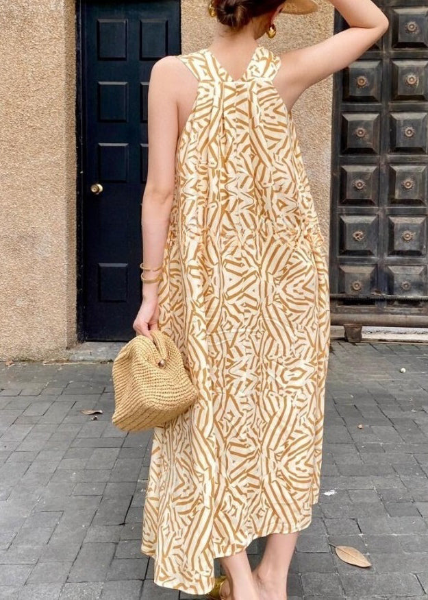 Yellow V Neck Print Cotton Vacation Dress Sleeveless
