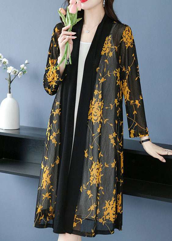 Yellow V Neck Print Long Ice Size Chiffon Cardigans Summer