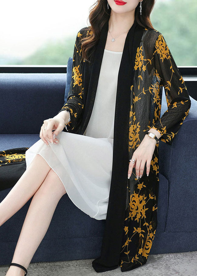Yellow V Neck Print Long Ice Size Chiffon Cardigans Summer