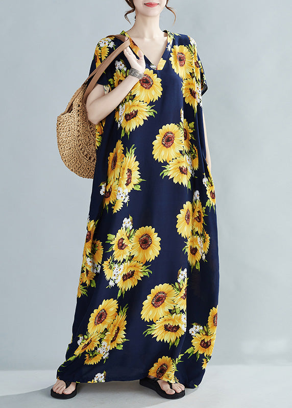 Yellow V Neck Sunflower Maxi Dress Summer